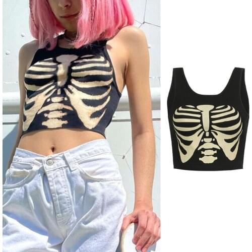 Women Summer Gothic Punk Sleeveless Crop Top Harajuku Funny Sternum Breastbone Print Mini Vest Skeleton Graphic Casual Slim