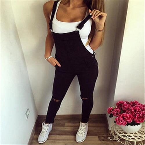 Women Bodysuit Slim Denim Bib Pants Overalls Casual Straps Jumpsuit Rompers Suspender Trousers Hole Pants