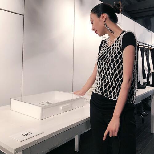 Unique Handmade Beige/Black Pearls Vest Women 2020 New Vests Designer Hollow Out Chic Pearls Net Coat Korean Y2K LT816S50