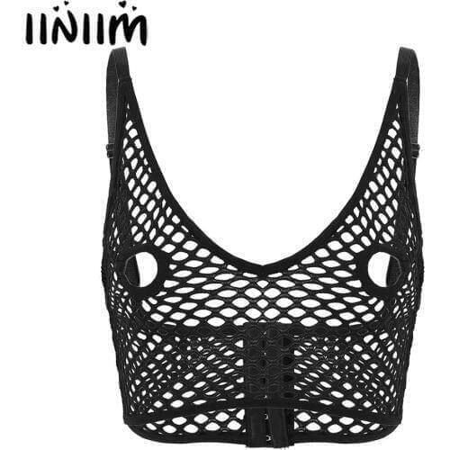 Womens Ladies nightwear Hollow Out Netted Lingerie Erotic Tanks Open Nipples Bra Hole Sissy Crop Top Longline Bra Tops