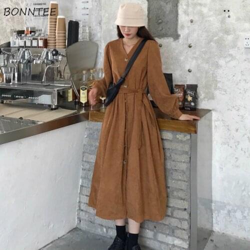 Women Dresses Solid V-Neck Full Sleeve Sahes Natural Waist Loose Casual Mid-calf Vintage Corduroy Female Trendy Retro Spring New