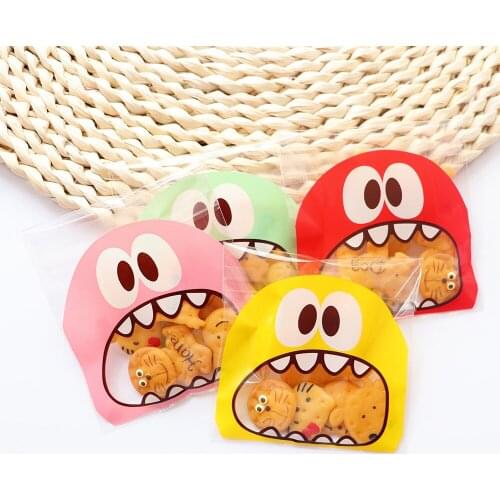 20Pcs Cute Cartoon Big Teech Mouth Plastic Bag Wedding Birthday Cookie Candy Gift Packaging Bags OPP Self Adhesive Party Favors