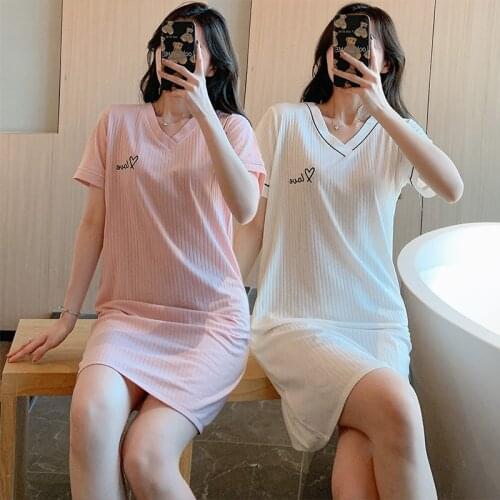 2021 Summer Sexy V-neck Short Sleeve Cotton Nightgowns for Women Korean Sleepwear Ladies Night Gown Nightdress Home Dress Nighty