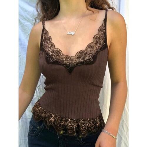 2021 Patchwork Lace Brown Y2K Crop Top Summer V Neck Sexy Sleeveless Camisole Top Tees 90s Backless Spaghetti Strap Top