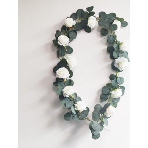 White Roses And Green Eucalyptus Leaves Garland Artificial Flowers Fake Plants For Home Decor Wedding Decoration