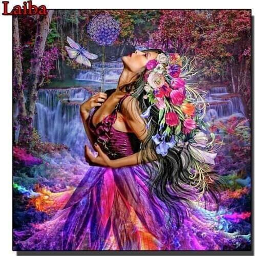 Waterfall flower woman 5D diamond painting beauty full square round diamond embroidery mosaic home decoration DIY handmade gift