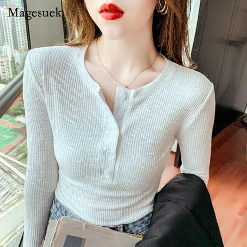 Elastic Women 2021 Autumn Cotton White T-shirts Solid O-neck Long Sleeve Tops Button Elegant Sexy Style Slim Blouse Blusas 15916