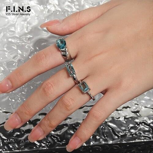 F.I.N.S Luxury Minimalist Oval Rectangle Geometry Zircon S925 Sterling Silver Ring Women Ocean Blue CZ Wedding Finger Rings Fine