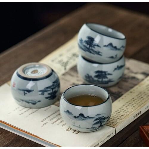 Clay Master Cup Personal Cup Supportable Porcelain Tea Tasting Cup Jianzhan Big Kung Fu Tea Cup Hand Painted Landscape Pu'er Cup