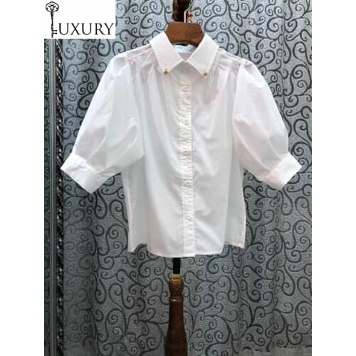 Cotton High Shirts Quality 2020 Summer Ladies Turn-down Collar Chain Beading Deco Short Sleeve White Yellow Brown Basic Tops