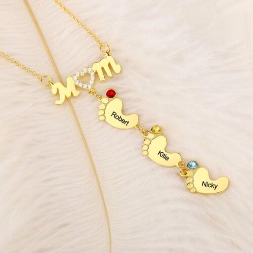 Personalize Crystal Heart Mom Necklace Custom 1-5 Baby Feet Shape Name Text Charm Pendant Mothers Day Birthday Anniversary Gift