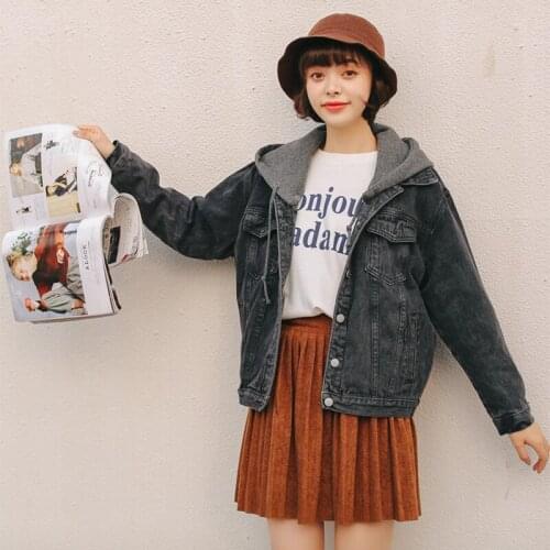 Korean Women Loose Short Removable Hooded Denim Jacket Casual Harajuku Vintage Long Sleeve Jeans Jacket Autumn Female Basic Coat