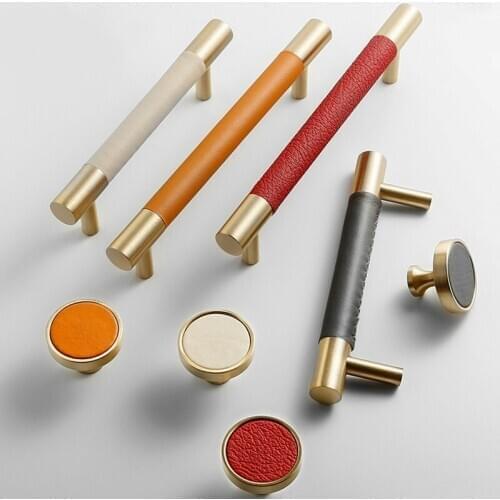 Leather+brass Orange Handles and knob Drawer Cabinet Knobs Kitchen Door Handle Cupboard Wardrobe Pull Handles Furniture Fittings