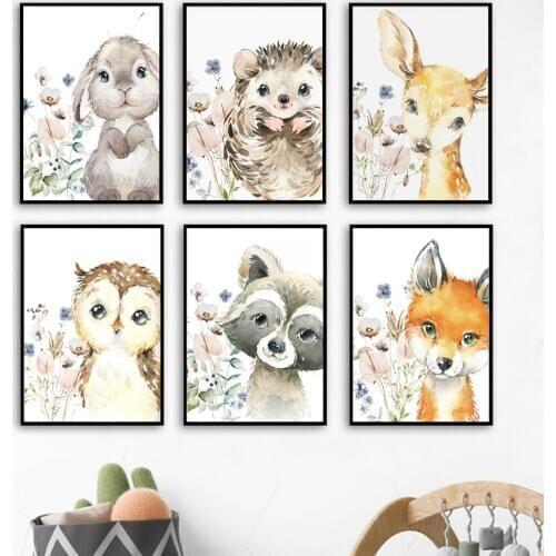 Rabbit Fox Raccoon Deer Hedgehog Flower Animal Wall Art Canvas Painting Nordic Posters And Prints Wall Pictures Kids Room Decor