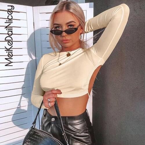 MeiKeDaiNicey 2021 Women Sexy Open Back T-shirt Long Sleeve Top Cropped Tops Women T-shirt Summer Casual Tops Fashion T-shirt