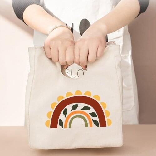 Multi-color Rainbow Leaves Lovely Printing Punch Bag Canvas Portable Thermal Box for Women Eco Harajuku Functional Picnic Pouch