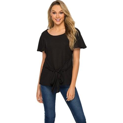 Fashion Summer women tops and Blouse Shirt Round Neck Belt Bow Short Sleeve Tops Women Heigh Quality Casual Loose Clothing