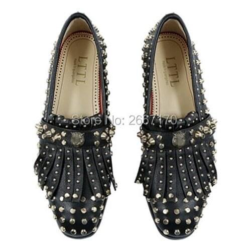 Celebrity Luxury 2019 Spring Summer Party Shoes Male Gold Stone Studded Black Leather Loafers Tasseled Fringe Rivet Shoes Men