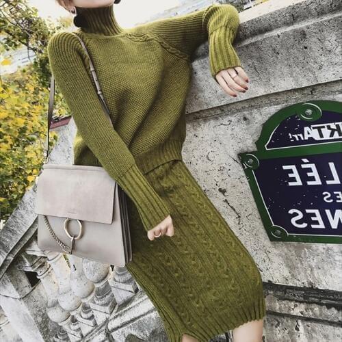 Soft Warm Knitted 2 Pieces Set Women Full Sleeve Turtleneck Sweater Pullovers & Twisted Pencil Skirt Female Sweater Set 2019