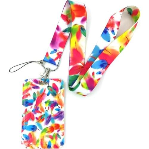 Feather Leave Rainbow Color Creative Lanyard Card Holder Student Hanging Neck Phone Lanyard Badge Subway Access Card Holder