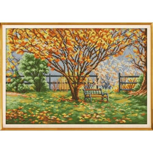 Joy Sunday New Cross Stitch Kit Fallen Leaves Landscape Needlework 11&14CT DIY Handmade Embroidery Kit For Wall Painting Gift
