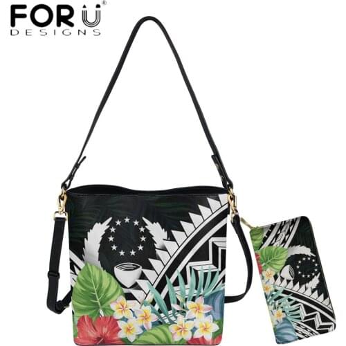 FORUDESIGNS New Trend Women Bucket Bag And Purse Set Pohnpei Polynesian Tropical Flower Print Lady Pu Leather Messenger Sac