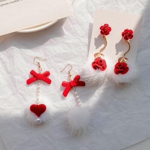 New Fashion Christmas Ball Series Long Earrings For Woman Geometric Red Rose Heart Shape Earrings Jewelry