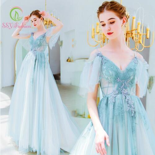 SSYfashion V Neck Half Sleeves Lace Up Back Floor Length Long Light Green Evening Dress Party Formal Gown Vestidos De Fiesta