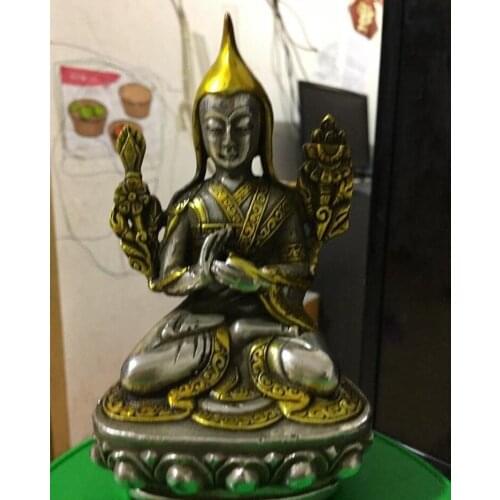 Tibet Buddhism White Copper Silver gilt Seat Lotus Je Tsongkhapa Buddha Statue