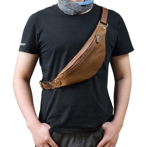 Vintage Genuine Crazy Horse Leather Men Waist Packs Travel Fanny Pack Belt Length Male Small Chest Bag For Phone Pouch