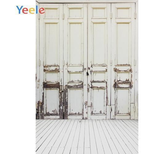 Yeele Old White Wood Door Wooden Floor Portrait Grunge Photography Background Customized Photographic Backdrops for Photo Studio