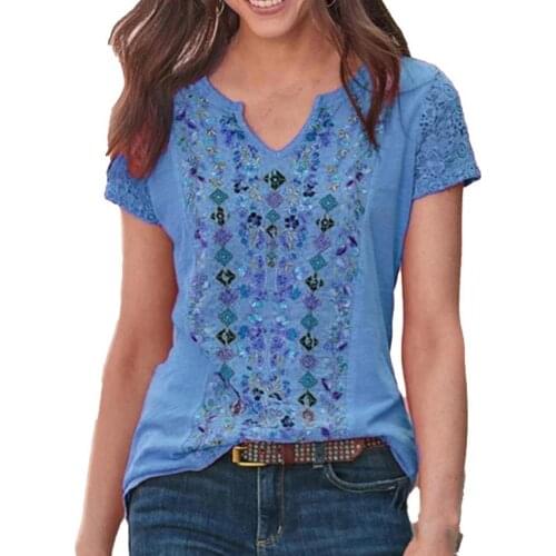 New Stylish Summer Women Sample Style T-shirt V Neck Ethnic Print Short Sleeve Loose Top Blouse for Office Streetwear Tops