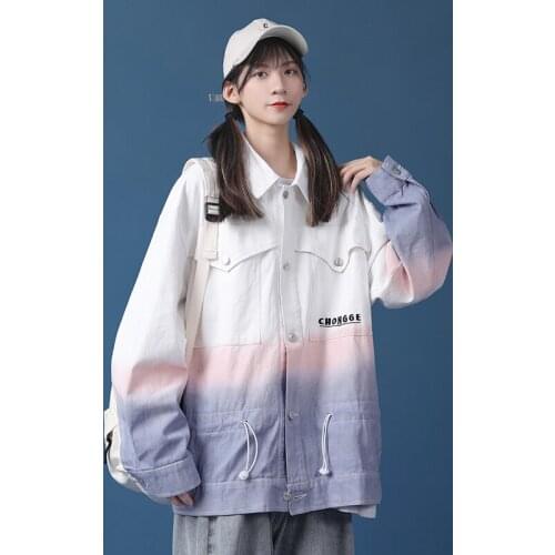 Women Jacket Spring and Autumn Womens Coat Casual Loose Denim Jackets Street Gradient Baseball Jacket Womens Clothing 2021 New