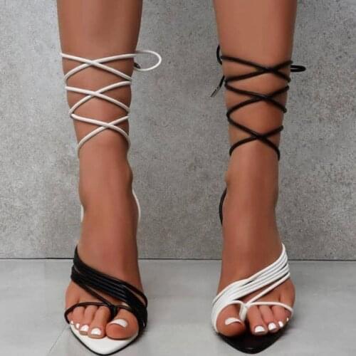 2021 New Summer Women Sandals Ladies White Black Strappy High Heel Gladiator Sandals Pointed Toe Lace-up Sexy Female Party Shoes