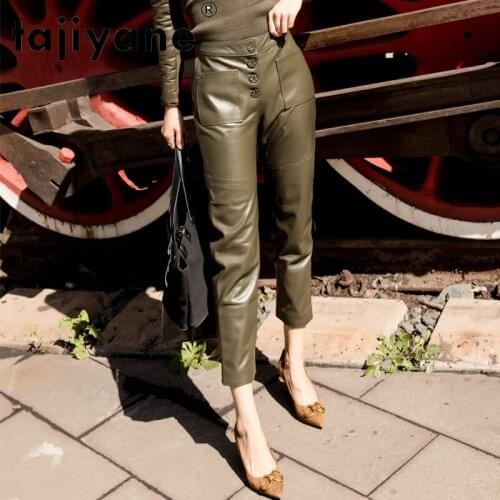 Women Streetwear Fall 2021 Real Sheepskin Pants Winter Woman High Waist Trousers Genuine Leather Pantalon Femme TN1201