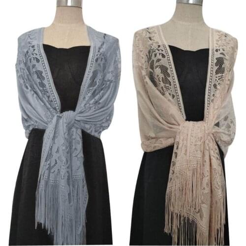 Q1QA 185x63cm Womens 1920s Scarf Wraps Hollow Out Crochet Floral Lace Fringed Tassels Wedding Cape Evening Party Vintage Shawl