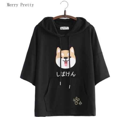 Black Harakuju Cartoon Dog Print Casual Hooded Pullover Sweatshirt Women 2020 Summer Short Sleeve Korean Cotton Female Hoodies