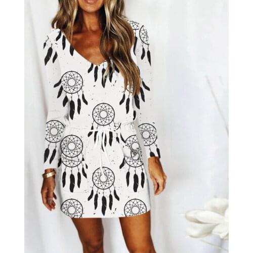 Autumn Woman Elegant Sexy V-Neck Printed Lace Loose Long Sleeve Short Dress Spring Ladies Casual Straight Beach Vestidos Female
