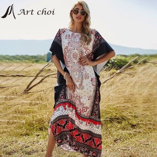 Europe America Summer Beach Bandage Expansion Skirt Printing Long Dress Women Batwing Sleeve Belt Vestido Boho Dresses Free Size