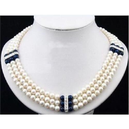 3 ROW new 7-8mm natural Akoya white black Pearl Necklace 17'-19'' 14k yellow GOL