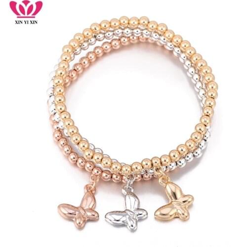 3Pcs Trendy Alloy Cute Butterfly Charms Bracelets Mix Colors Shining Beads Chain Bracelet For Women Party Fashion Jewelry Gifts