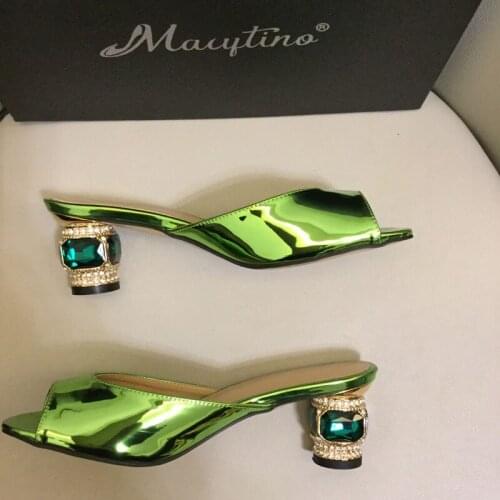 Summer sandal 6CM women shoes sexy mirror patent leather open toe high beautiful slides diamond heel