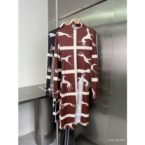 Black Greyhound Print DressLong Sleeve O Neck Thin length 2021Winter Fashion