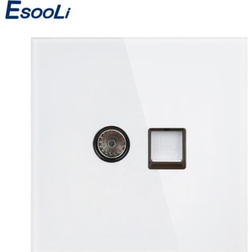 Esooli White Luxury Crystal Tempered Glass Panel RJ45 Internet Jack With TV Outlet Wall Data Computer Socket