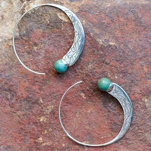 Tribal Turquoises Beads Stone Drop Earrings Bohemian Jewelry Antique Silver Color Metal Spiral Small Earring Brincos