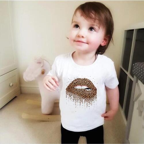 Leopard Print Sexy Lips Girls Tshirts Cartoon Girl Tops Cute Baby Girls Tshirt Kawaii O-neck Kids T Shirt Summer Fashion Clothes