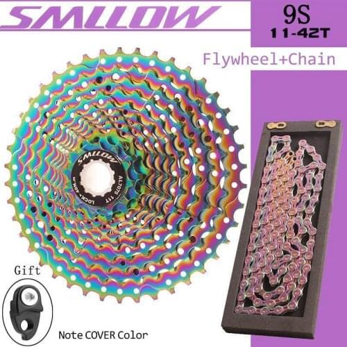 SMLLOW MTB Cassette 9 Speed 11-42T Bicycle Freewheel Rainbow Colorful Sprocket Mountain Bike Parts Flywheel With Bicycle Chain