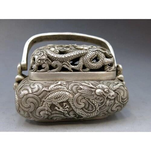 China silver handwork carved beautiful censer water dragon incense burner Statue