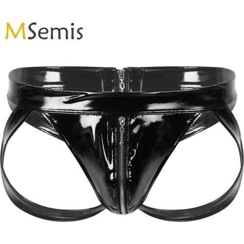 Mens Lingerie Underwear Wet Look Patent Leather Briefs Low Rise Bulge Pouch Back Cut Out Double-ended Zipper Jockstrap Underpant