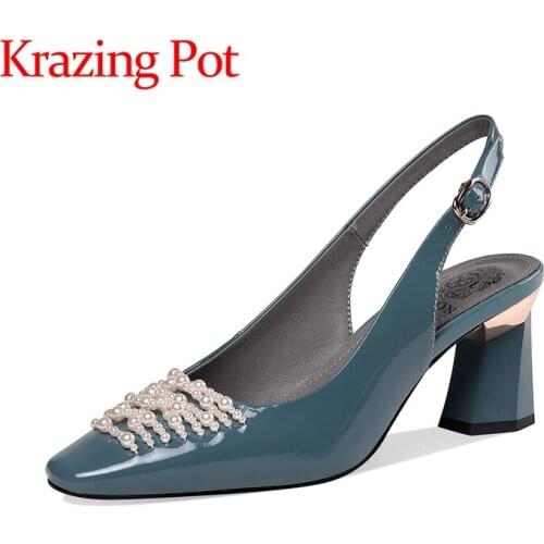 Krazing pot cow patent leather high heels square toe pearl beading young lady solid buckle straps summer mules women sandals L37